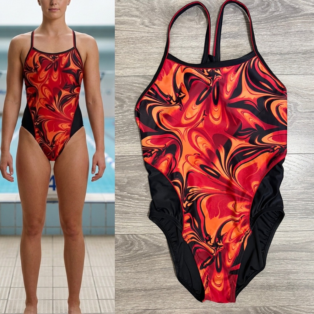 Womens Red Orange Swirl One Piece Swimsuit Size 38/12 Racerback Training Y2K